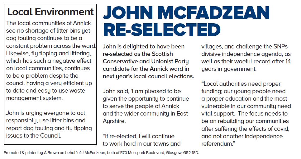 John McFadzean Re selected as Candidate in May 2022 Local elections